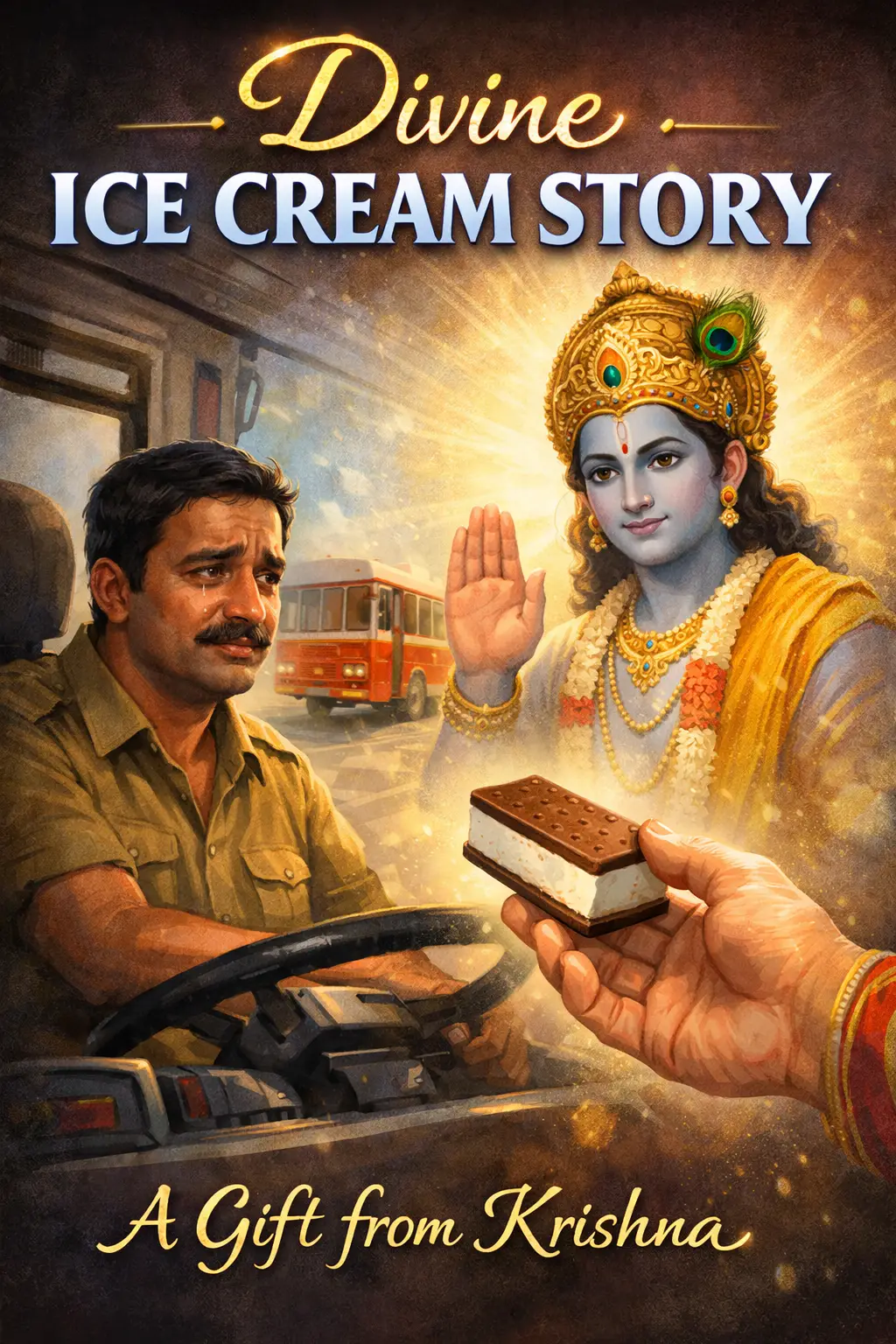 “Lord Krishna blessing a Mumbai BEST bus driver as he receives an ice‑cream sandwich — a divine moment of compassion and transformation.” “श्रीकृष्ण मुंबई BEST बस चालक को आशीर्वाद देते हुए, जब वह आइसक्रीम सैंडविच स्वीकार करता है — करुणा और परिवर्तन का दिव्य क्षण।”